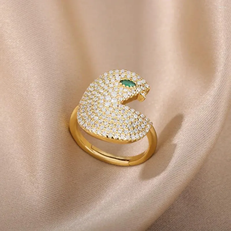 Anéis de cluster moda brilhante zircônia pac-man anel aberto para mulheres homens aço inoxidável punk designer ganancioso peixe festa jóias amigo presente