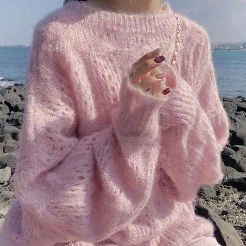 Женские вязаные футболки из мохера, мягкий тонкий розовый полый пуловер, свитер, весенняя верхняя одежда, свободный ленивый стиль, сладкий вязаный осенний 231021