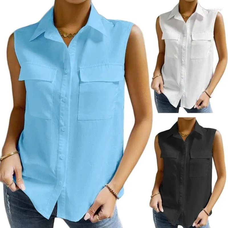 Blusas de mujer Camisa con botones sin mangas y cuello tipo túnica