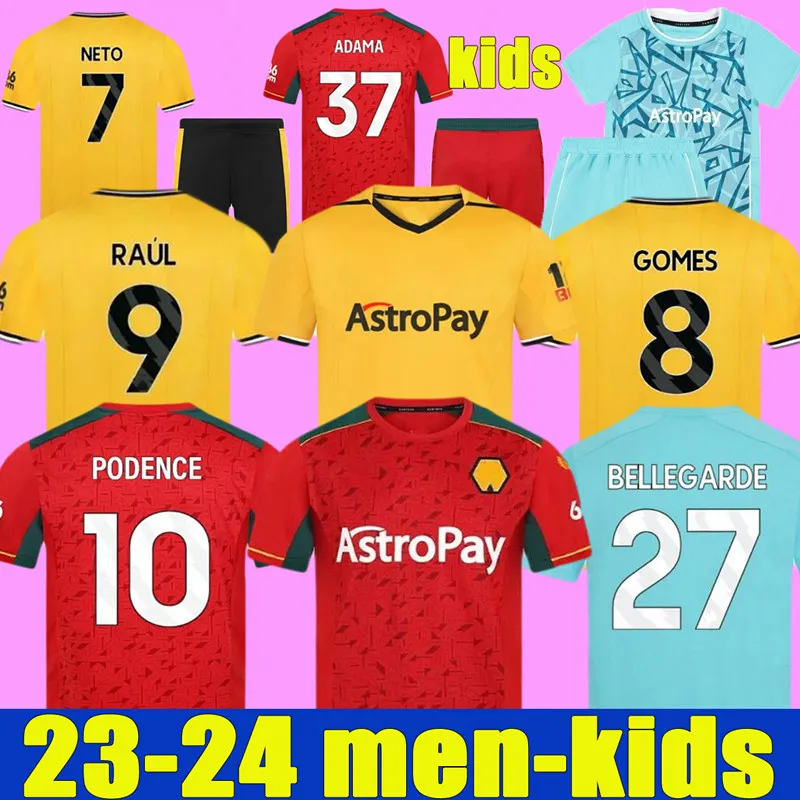 Wolves SARABIA LEMINA hogar lejos terceros camisetas de fútbol SEMEDO NETO GOMES CUNHA Wanderers J OTTO PODENCE HEE CHAN Wolverhampton 23 24 camisetas de fútbol rojas Hombres Kit para niños