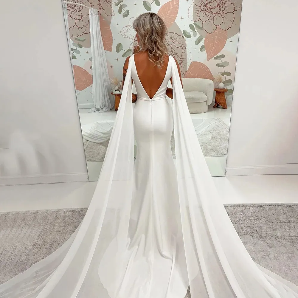 V Neck Crepe Wedding Dress 2024 Detachable Chiffon Shoulder Wings
