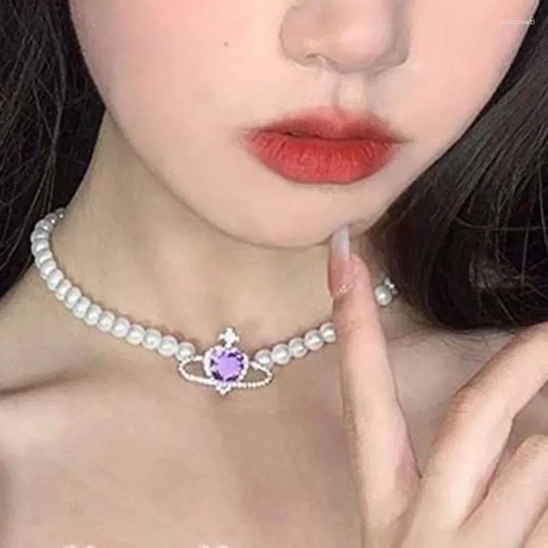 Pendentif Colliers Purple Love Zircon Brillant Imitation Perle Collier Femme Mode Luxe Fête De Mariage Clavicule Chaîne Pour Femmes Bijoux