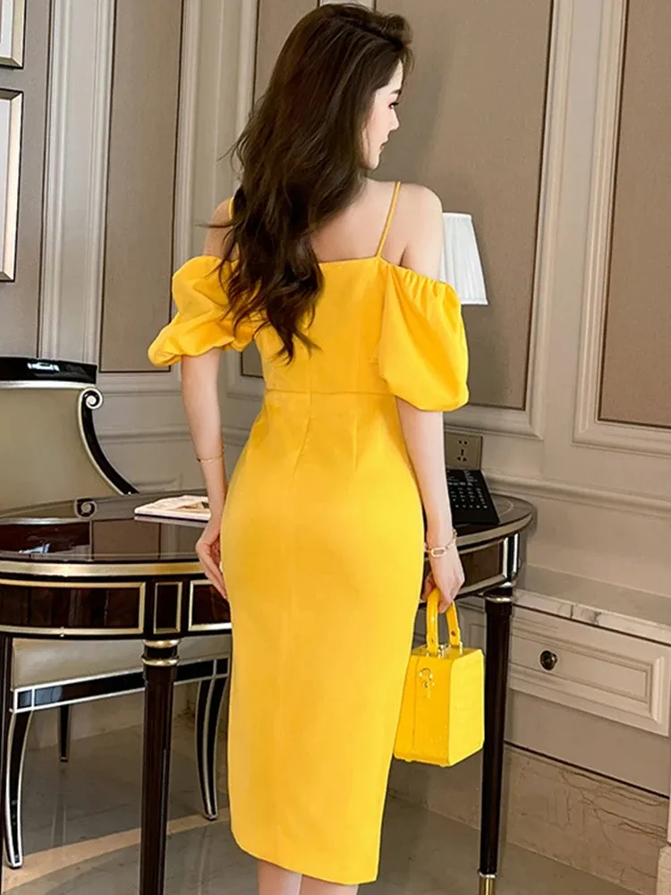 korean off shoulder dress Elegant and stylish yellow off-shoulder dress with split robe