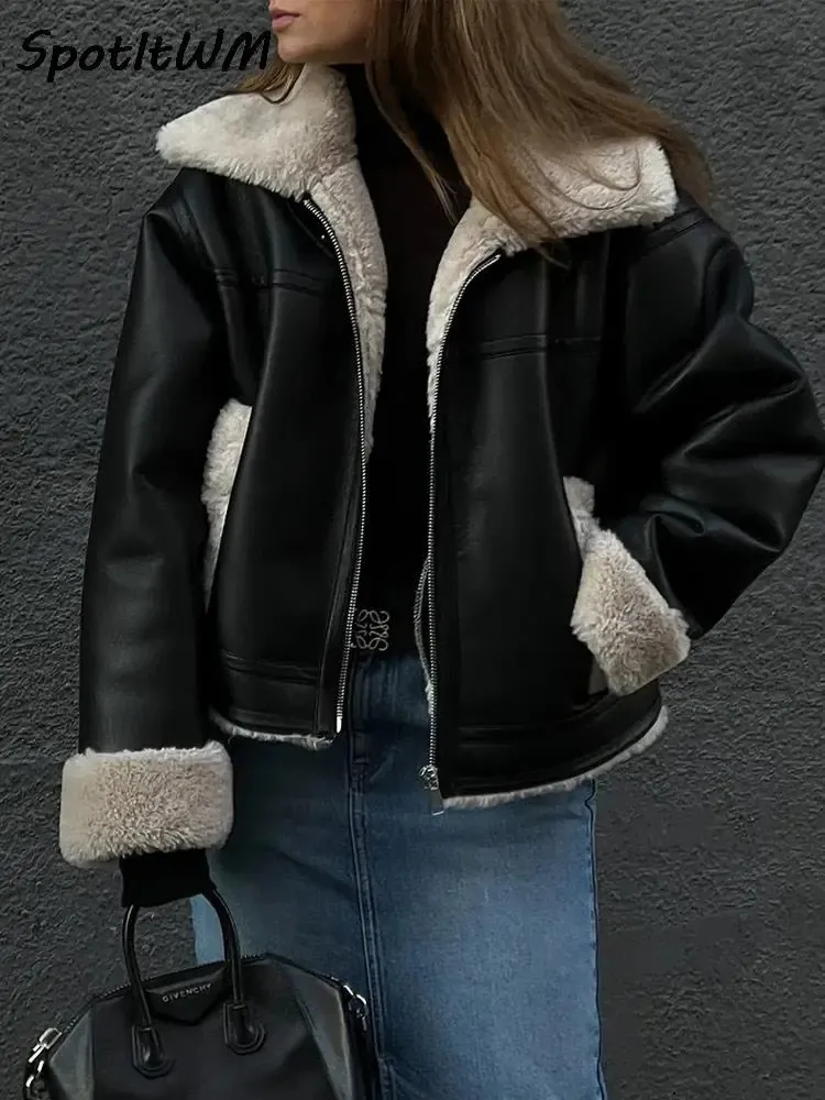 Womens Leather Faux Women Winter Thicken Fur Jacket Autumn Long