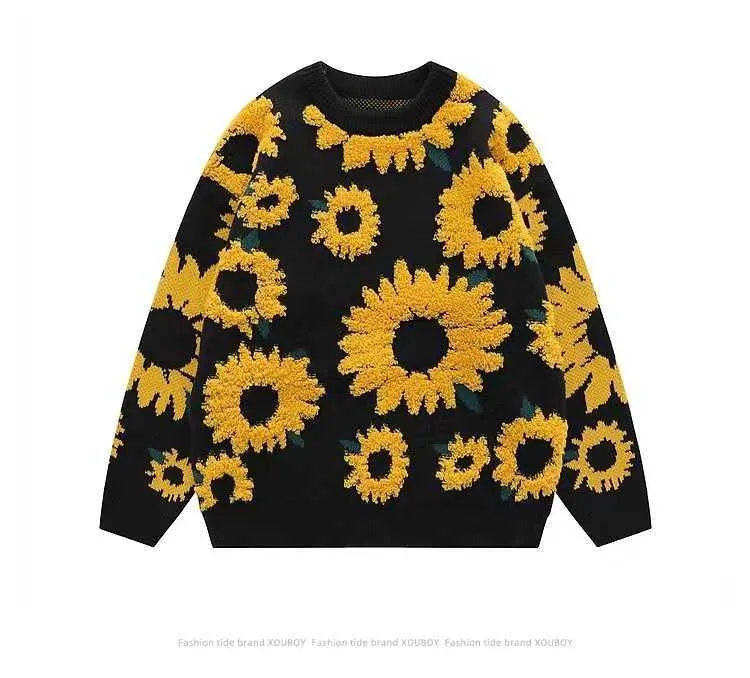 Autumn and Winter Sunflower Embroidery Lazy Sweaters for Men Bf Hip Fashion Long Sleeve Knitwear