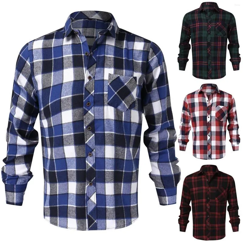 Camisas masculinas de manga comprida Mens primavera e outono lazer negócios xadrez escovado botão camisa top