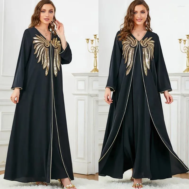 Abbigliamento etnico in rilievo Abaya 2 pezzi per le donne Ricamato Party Abito lungo islamico Ramadan Musulmano Dubai Abiti da sera Marocchino Caftano