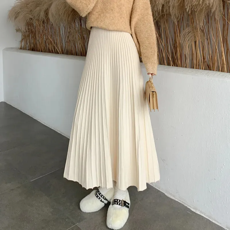 Gonne Inverno Ispessito a Coste Lavorato a Maglia Grande Altalena Maxi Lungo Elegante Solido Aline Pieghe alla Caviglia Maglia Coffree Beige 231020