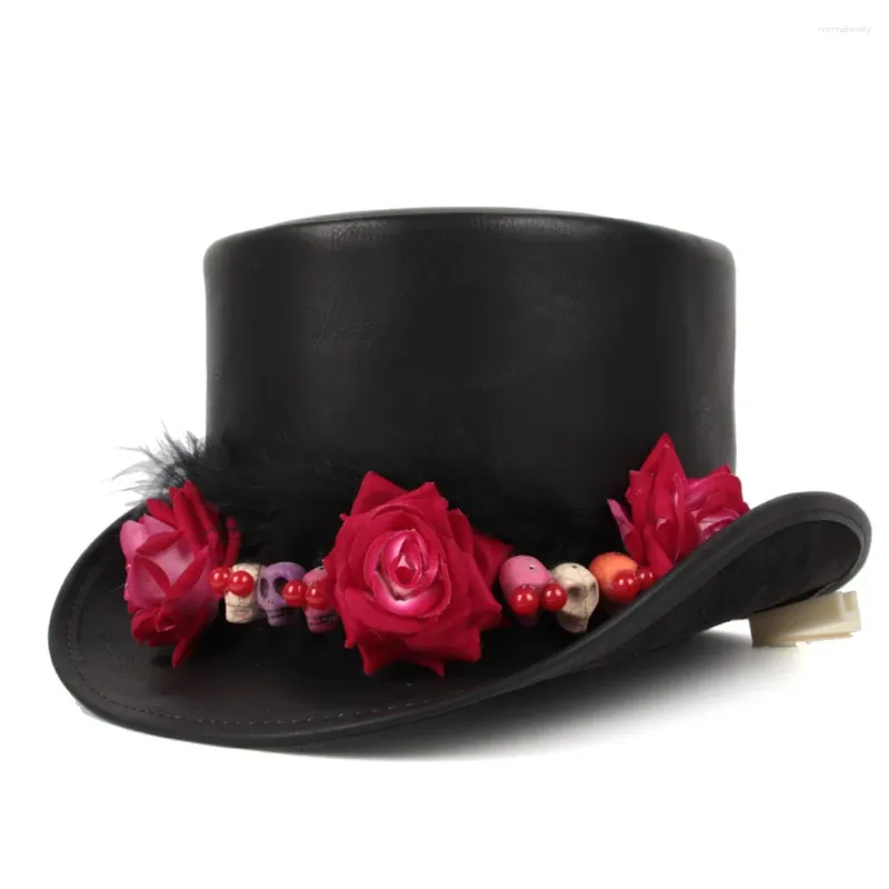 Basker kvinnor läder topp hatt lday dusch fedora magi blomma skalle cosplay party cap 3 storlek storlek