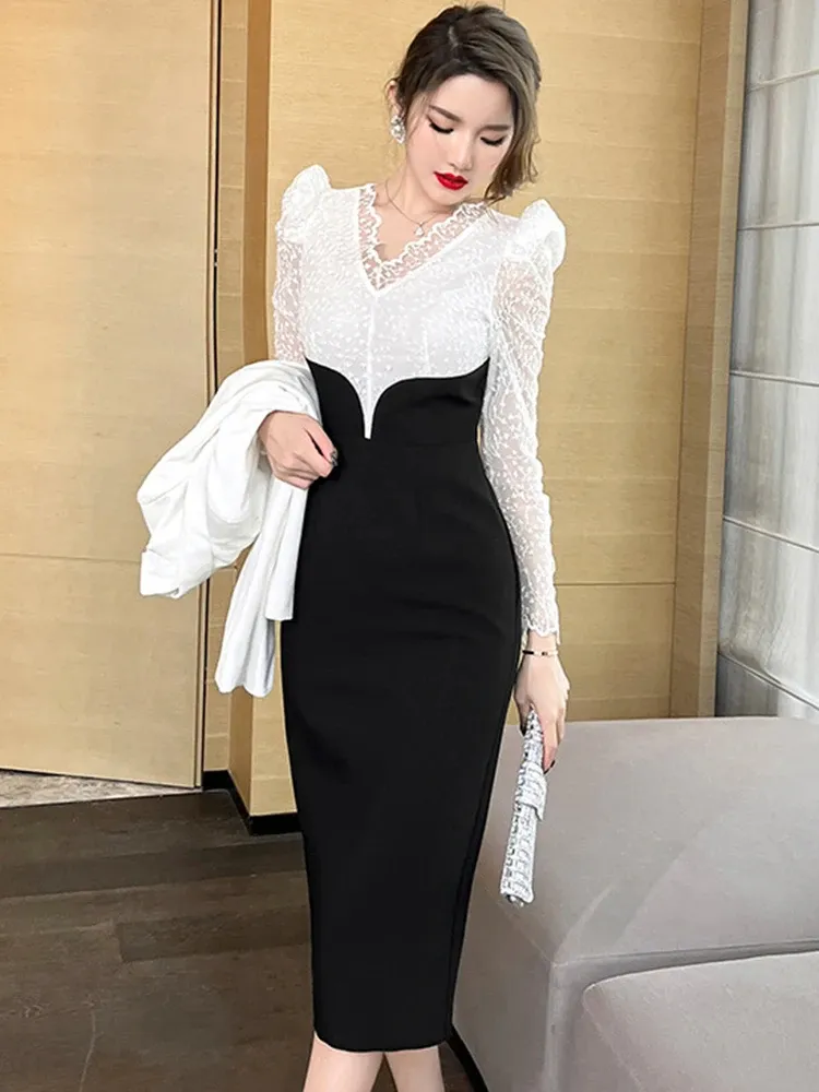 Podstawowe sukienki swobodne mody eleganckie seksowne sukienki midi dla kobiet czarne białe splicowana koronkowa koronkowa długie rękawy szczupły dzielone szatę biuro imprezowe 2024