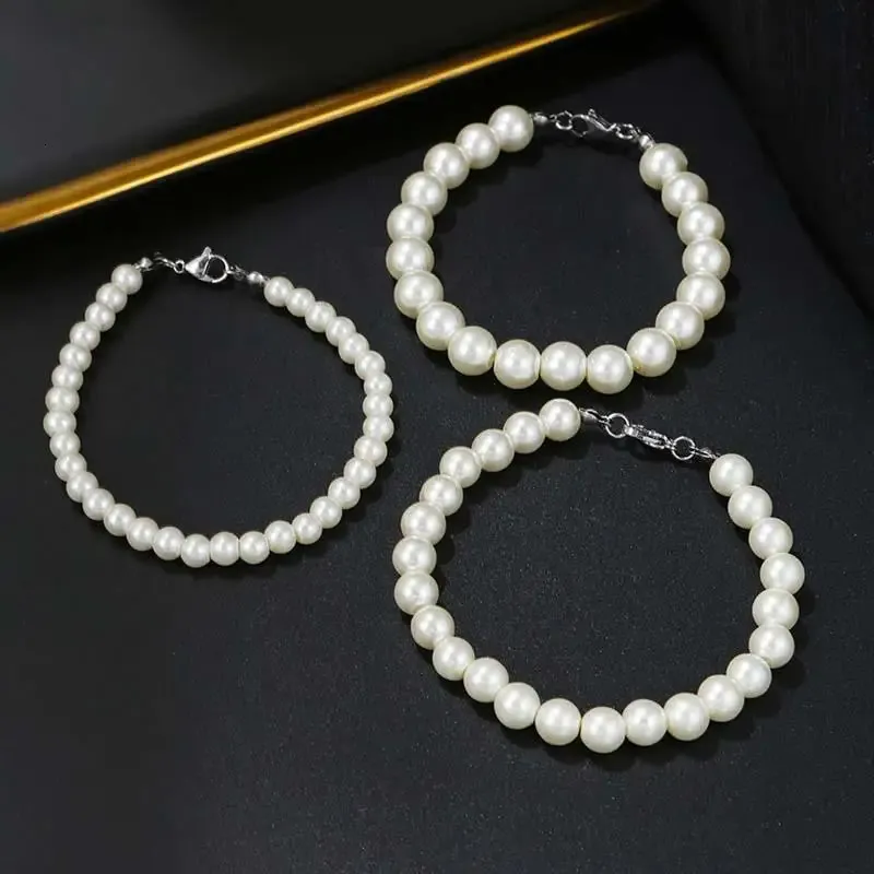 Kedja 6810mm White Glass Pearl Armband Harts Bangles Handgjorda Elastiska pärlor armband för kvinnor Män Fina smycken Wedding Present 231020
