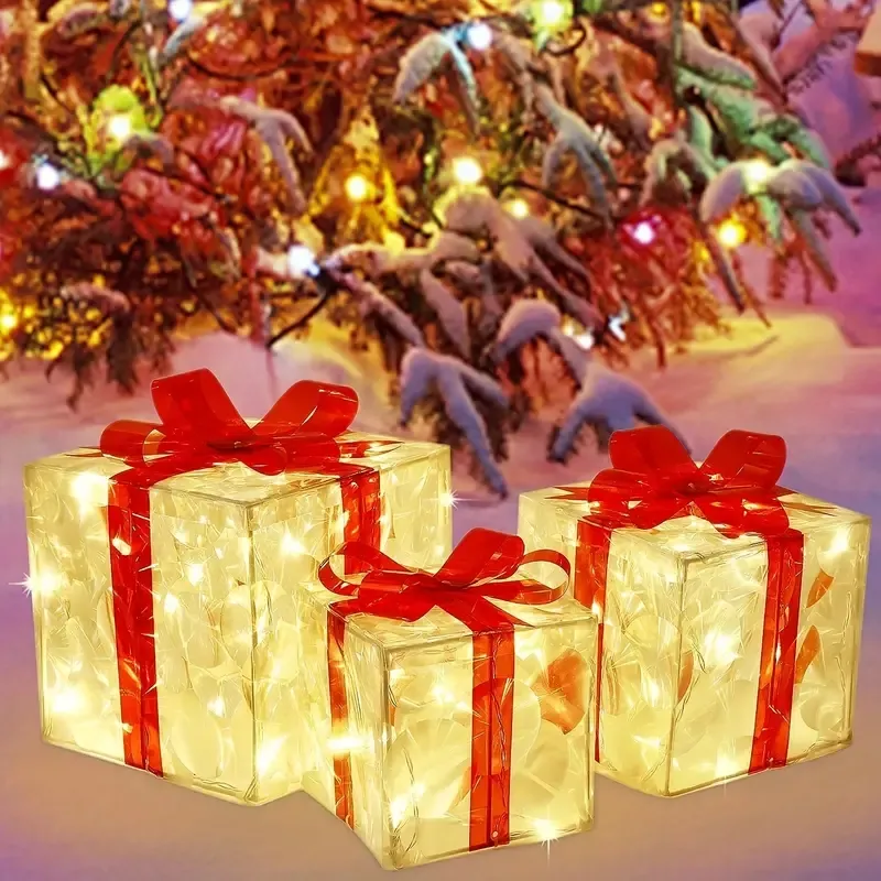 Set di 3 scatole regalo illuminate da Natale, scatola natalizia trasparente illuminata di bianco caldo, scatole regalo con fiocchi rossi per albero di Natale, cortile, casa, decorazioni natalizie per esterni