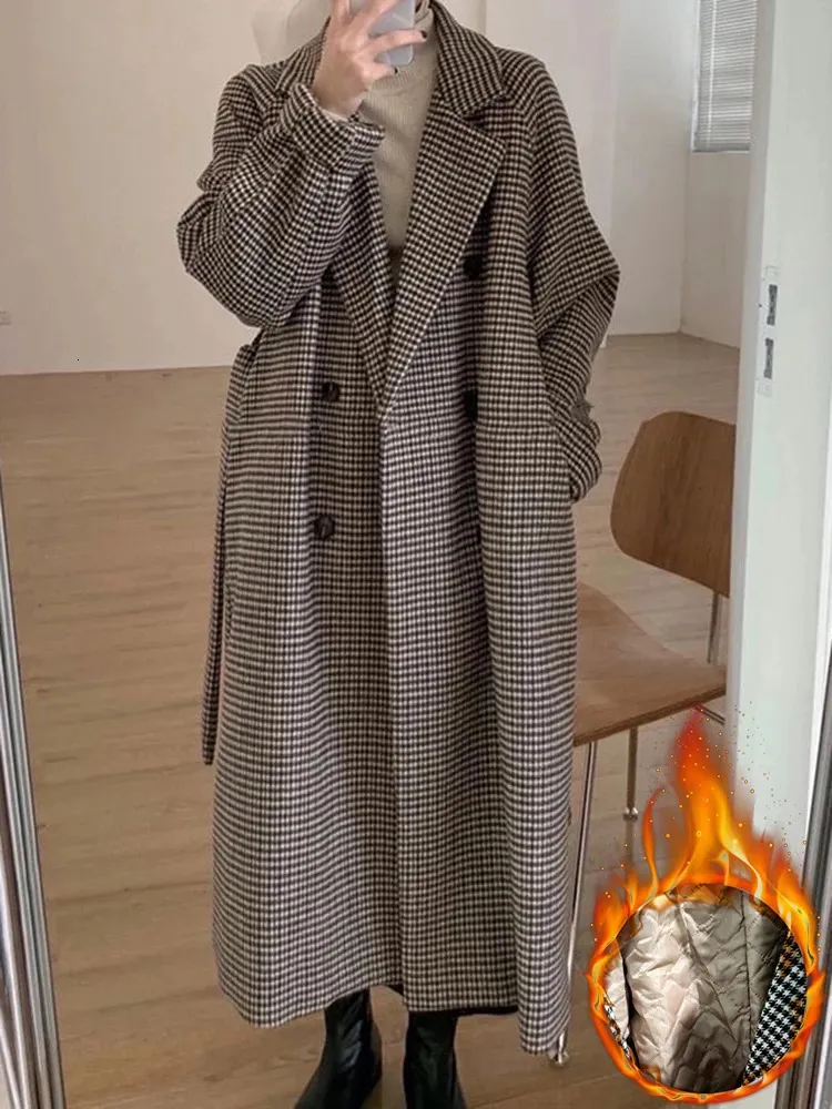 Winter Houndstooth Print Wool Blend trench coat for Women Winter Houndstooth Print Wool Blend trench coat for Women