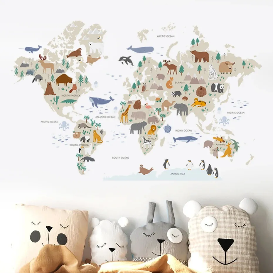 World Map Wall Stickers for Nursery - Cute Animal Decals, Watercolor ...