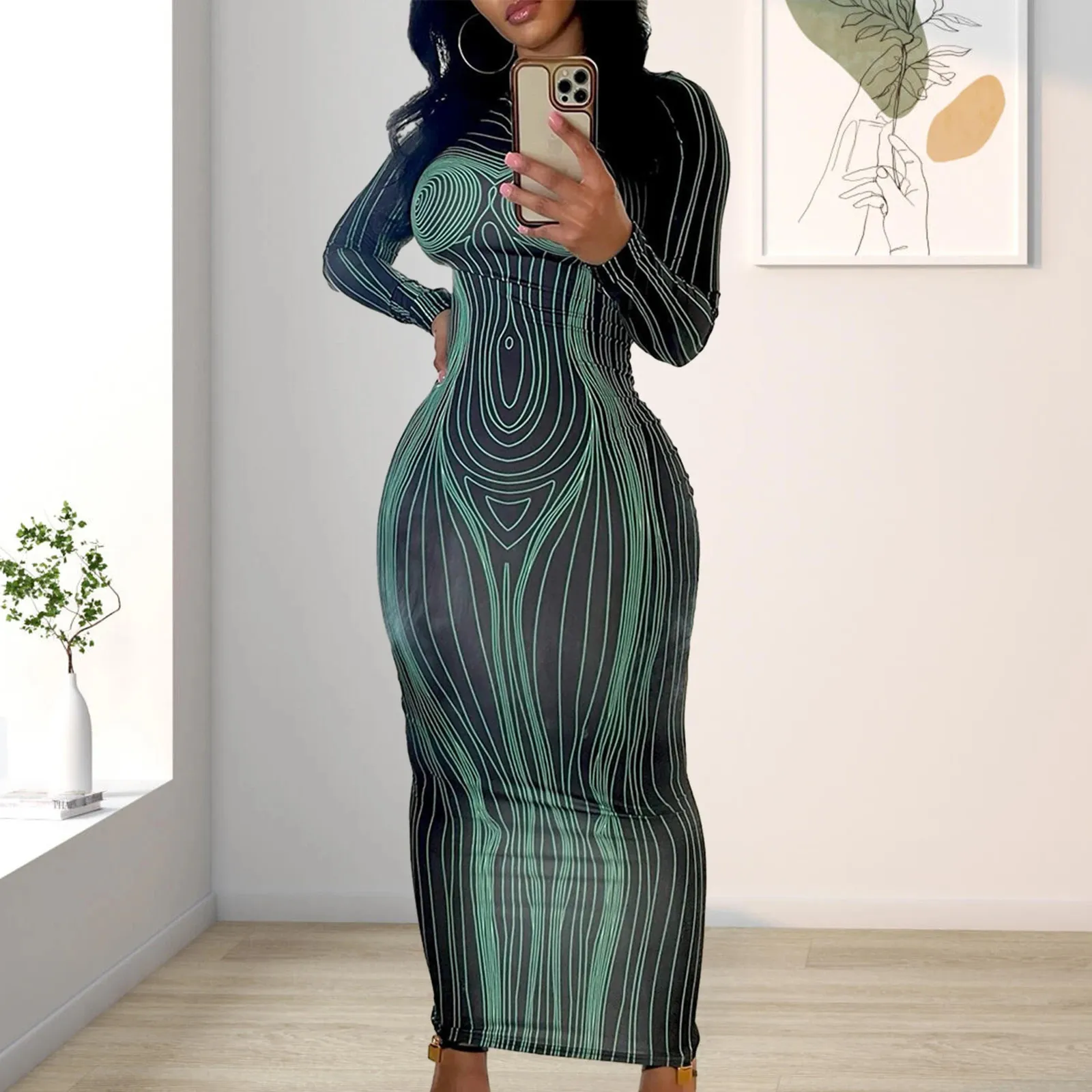 Urban Sexy Dresse Tryckt Maxi Dress Halloween Costume O Neck Bodycon Long Slim Fit Striped Print Evening Party Club 231021