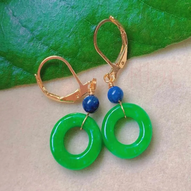 Kolczyki Dangle 13 mm moda naturalna zielona jadear ring lapis lazuli koraliki złoto wielkanocne prezent świąteczny