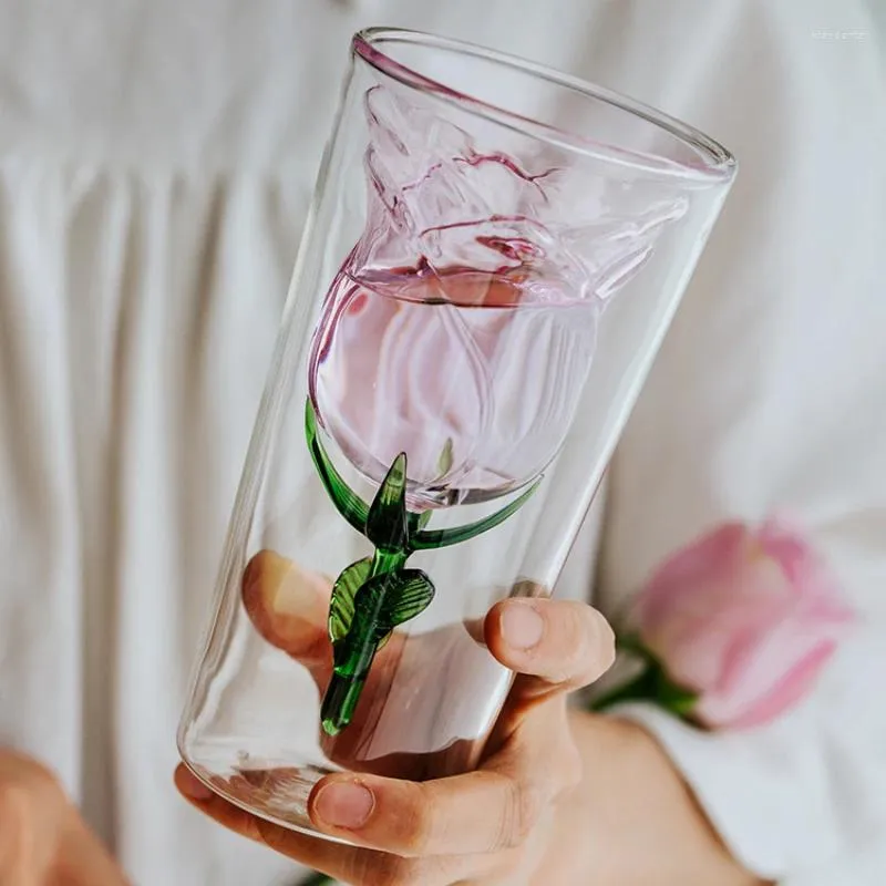 Verres à vin Double tasse d'eau Rose pour filles, verre créatif de haut niveau d'apparence, résistant à la température, Anti-café