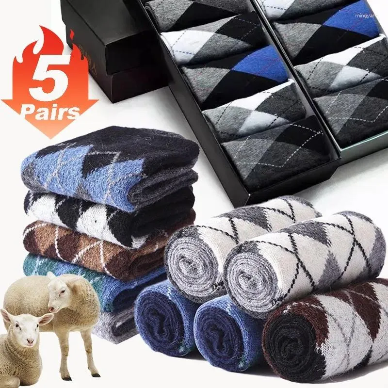 Herrstrumpor 5pairs förtjockade plysch termisk ull Högkvalitativ handduk Keep Warm Autumn Winter Cotton Super Soft Breattable Diamond