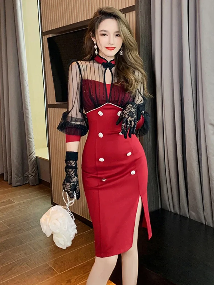 Chinese Style Red Sheer Midi Dress with Pearl Button Slit and Hollow Disc cloth belts without buckles for Spring Casual Wear and Parties