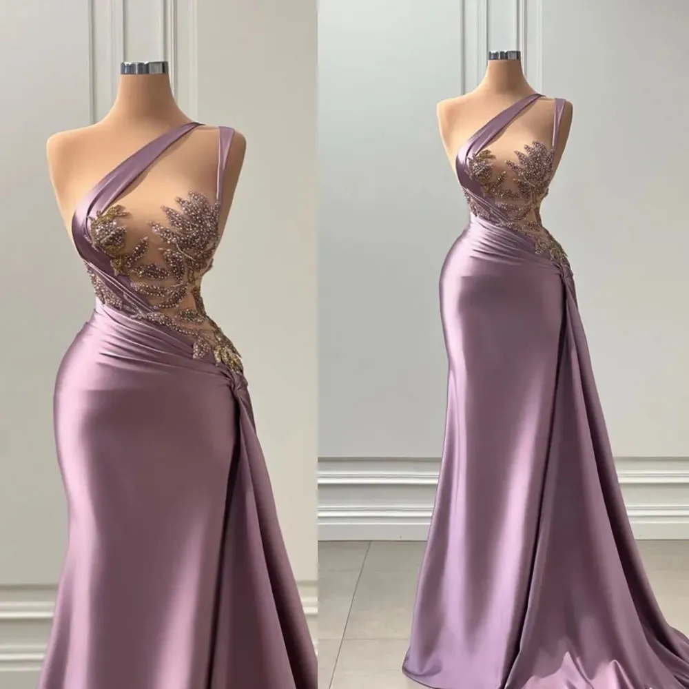 Robes de soirée lavande robe de soirée de bal plus la taille nouvelle fermeture éclair personnalisée à lacets perlée satin sirène une épaule sans manches appliques plissées