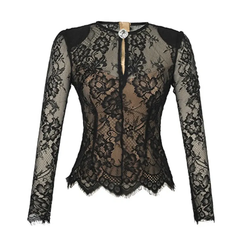 Chemisier Reba Femme XL – Paillettes, Dentelle, Manches Longues – Occasion Parfait état