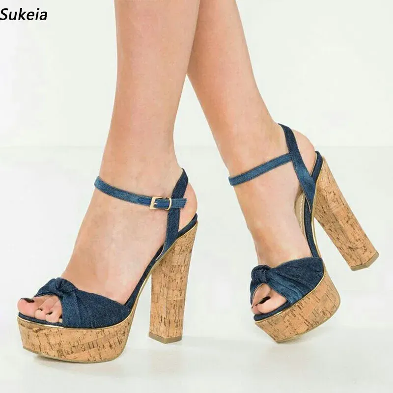 Sukeia Handgemaakte Vrouwen Zomer Sandalen Met Platform Enkelbandje Peep Toe Fabulous Zwart Blauw Party Schoenen Dames Plus Amerikaanse Maat 5-20