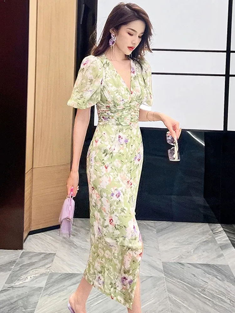 casual chiffon dresses for women Green Floral Chiffon Long dress for Women