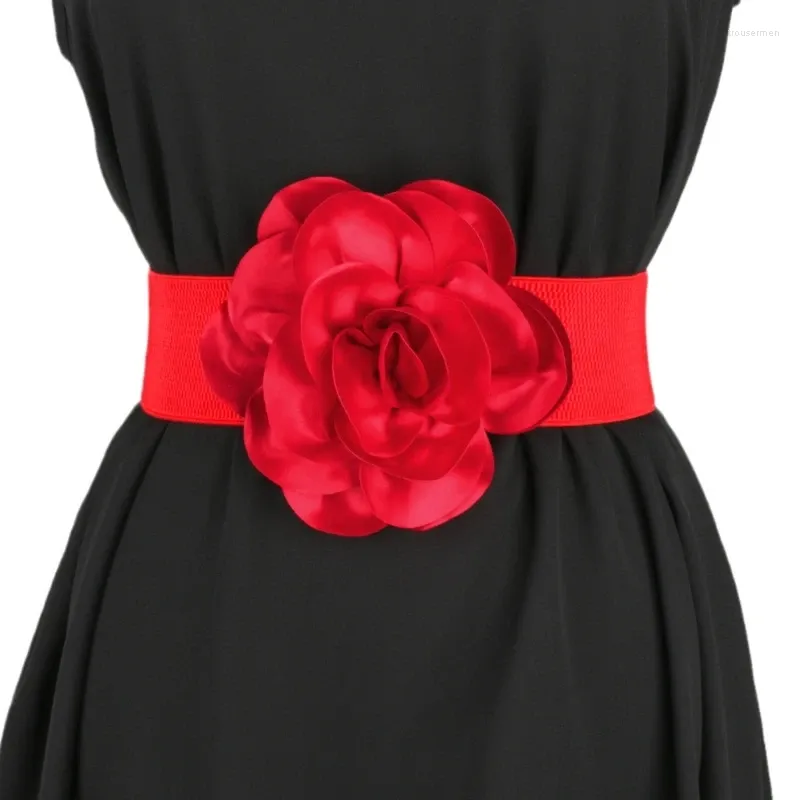 Red Black Floral Elastic Belt Wide Stretch Waistband for