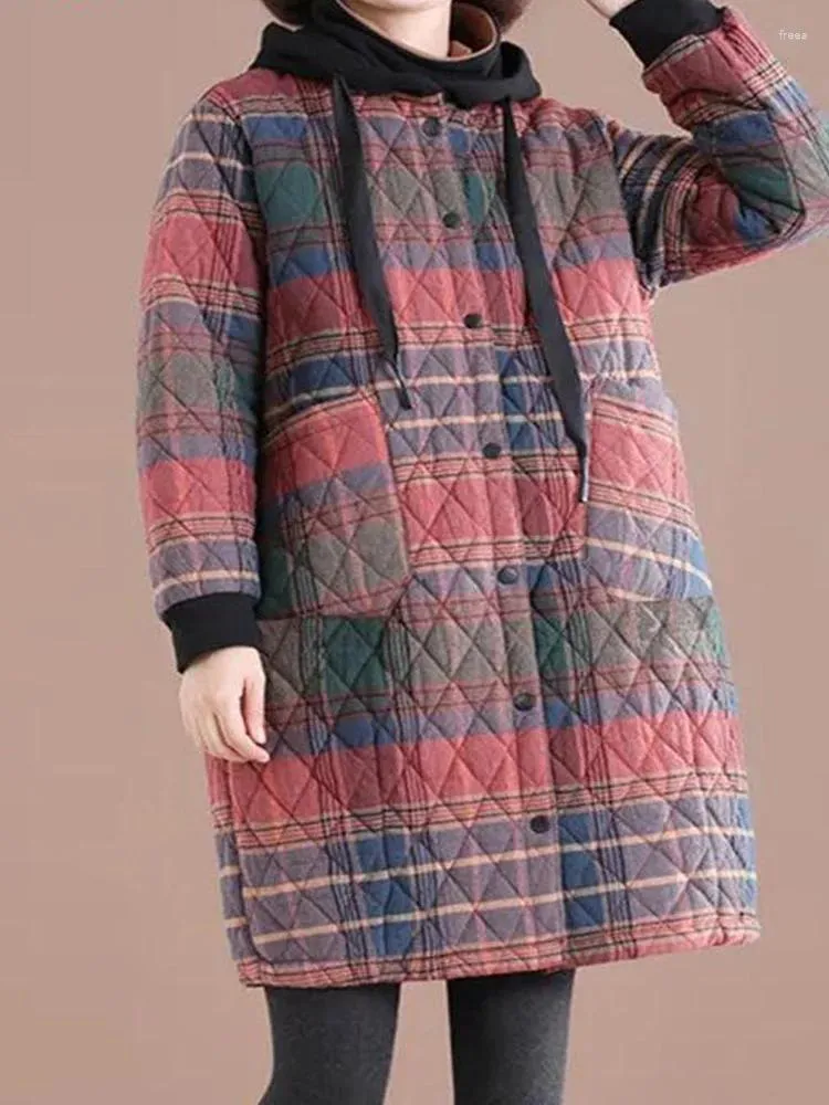 Kadın trençkotları moda edebi vintage ekose pamuk keten ceket kış ceket ışık sıcak orta uzunlukta diz üstü kapüşonlu üst
