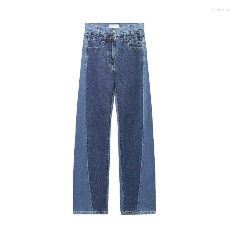 Falska ögonfransar Tidig höst Kvinnor slitage designkänsla casual byxor retro kontrast hög midja rak ben jeans