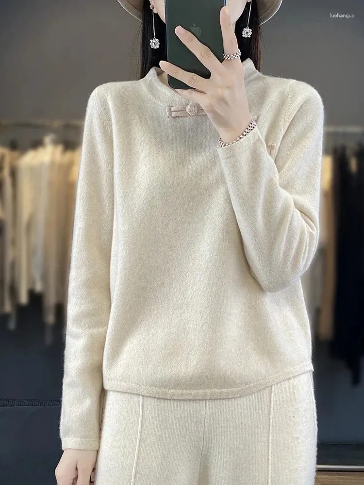 Suéter feminino fivela 100 suéter de lã pura estilo chinês gola mandarim top hanfu outono e inverno de malha de fundo