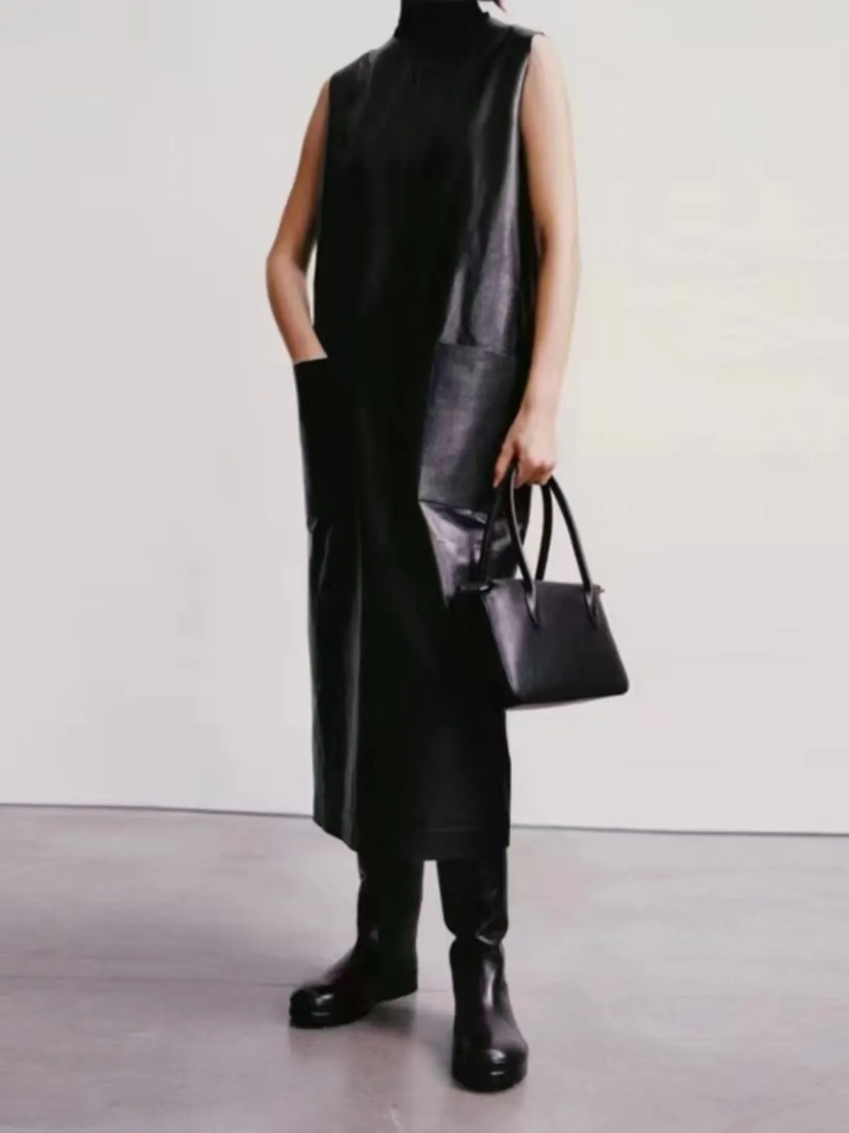 Th*Row Fashion Sleeveless Black Leather Dress