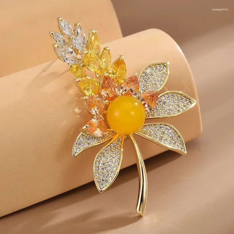 Broches elegante zirkonia tarwebladeren bijenwas broche shinytemperament bloemen kleding accessoires pin sieraden groothandel