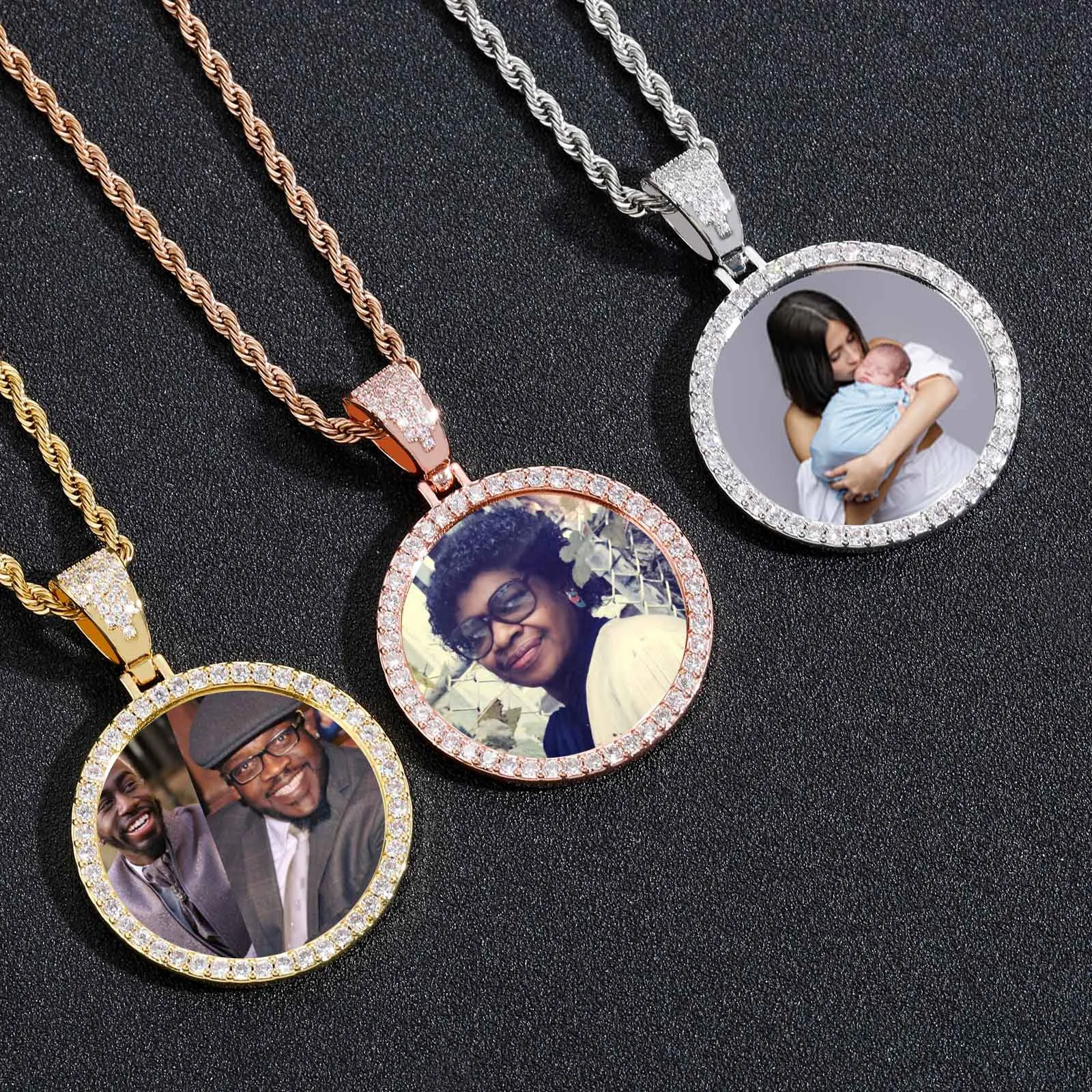 Designer de colar de pendente para homens homens redondos medalhões de foto personalizados nome da foto de hip hop