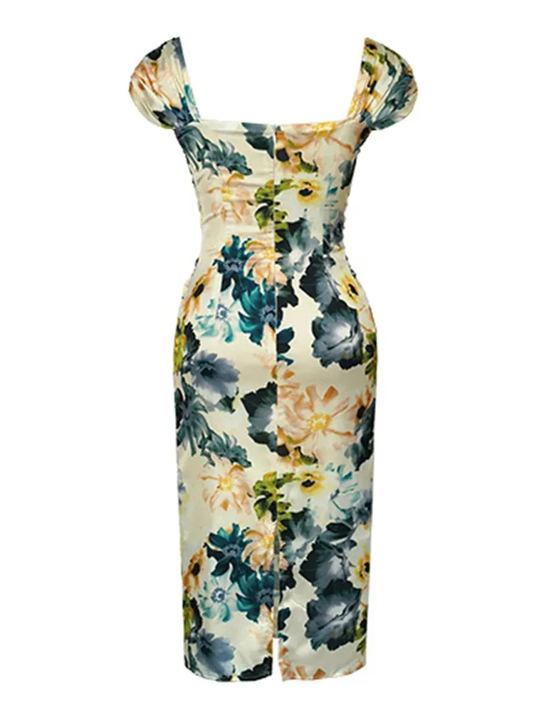 French Sweet Romantic dress for Women - Sexy Print, Bodycon Sleeveless, Folds Wrap Hip, Midi Robe for Party, Prom, and Vestido 2024
