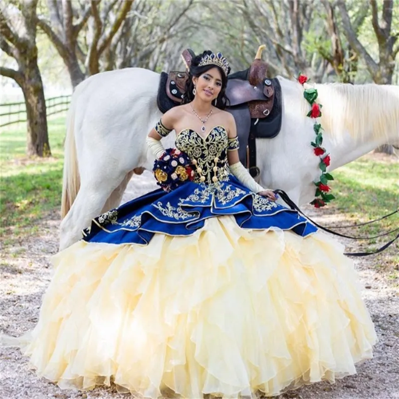 Navy Blue Gold Blue Mexican Quinceanera Dresses With Embroidery