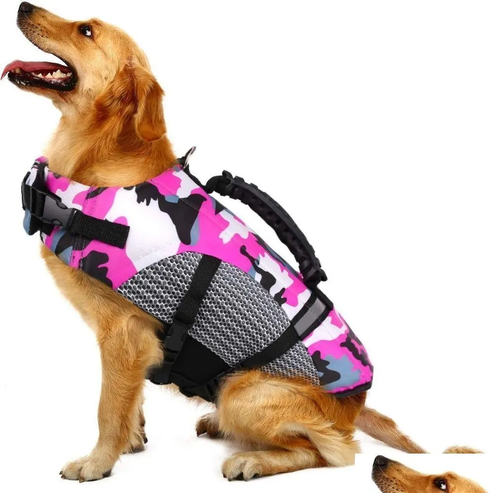 Vêtements de chien Gilet de sauvetage pour chien Gilet de sécurité pour animaux de compagnie Gilet de sécurité réglable Camo Maillot de bain réfléchissant avec poignée de sauvetage pour la natation B Dh8Qw