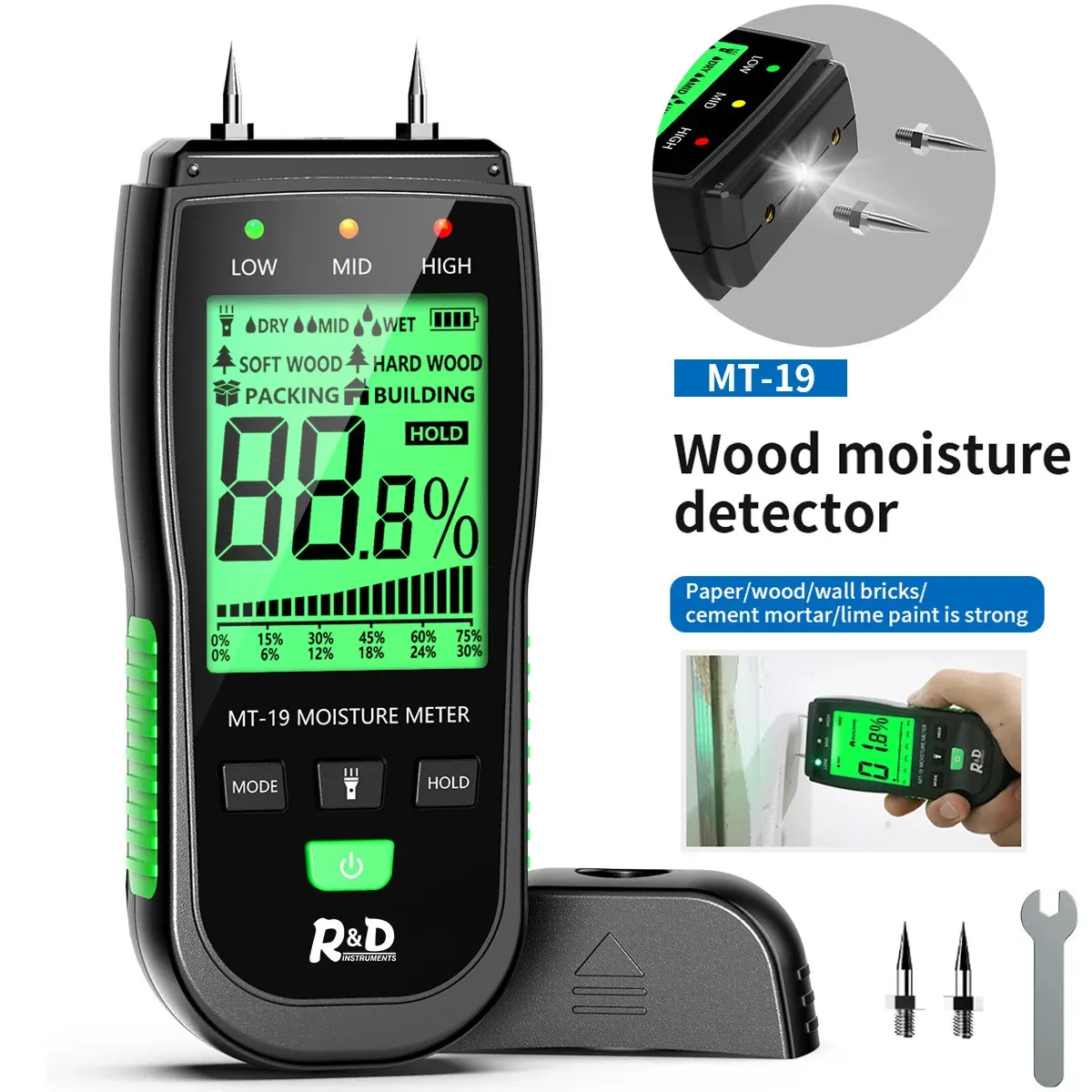 Mierniki wilgoci R D MT-19 Miernik wilgoci drewna cyfrowy mierniki wilgotności ściennej drewniane detektor detektor budynku tester wilgotności Carton 231020