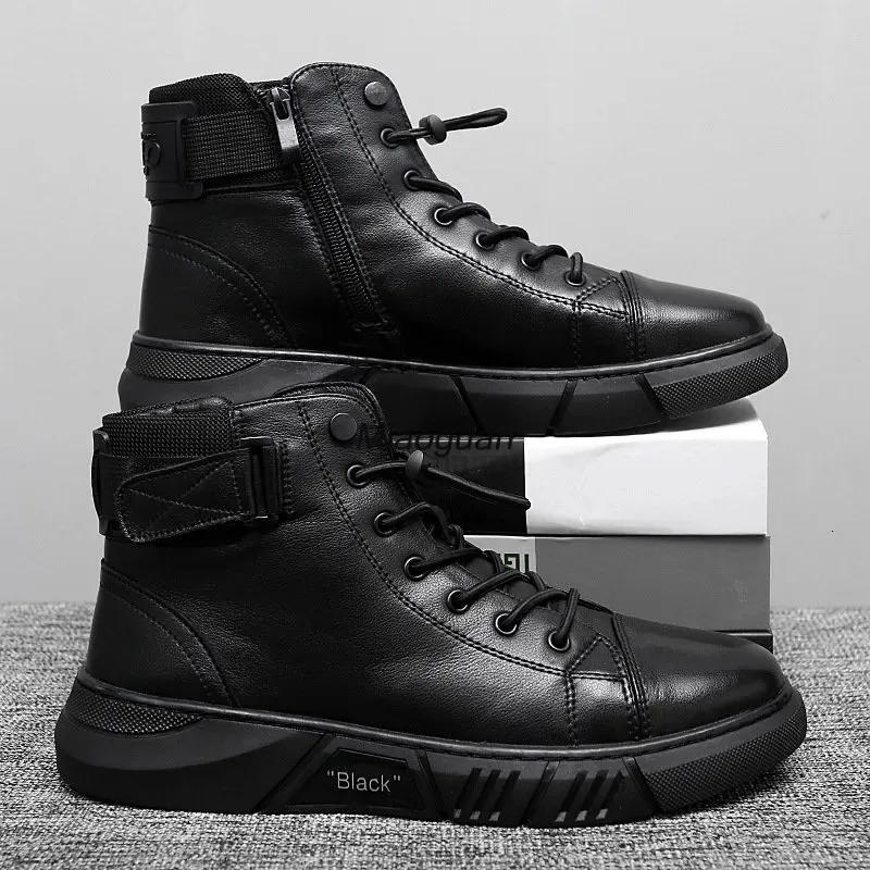 Preto PU Tornozelo Vestido Masculino Sapatos Esportivos de Couro Outono Inverno Confortável High-top Casual Moda Plataforma Botas Homem Cabeça Redonda 23102 80