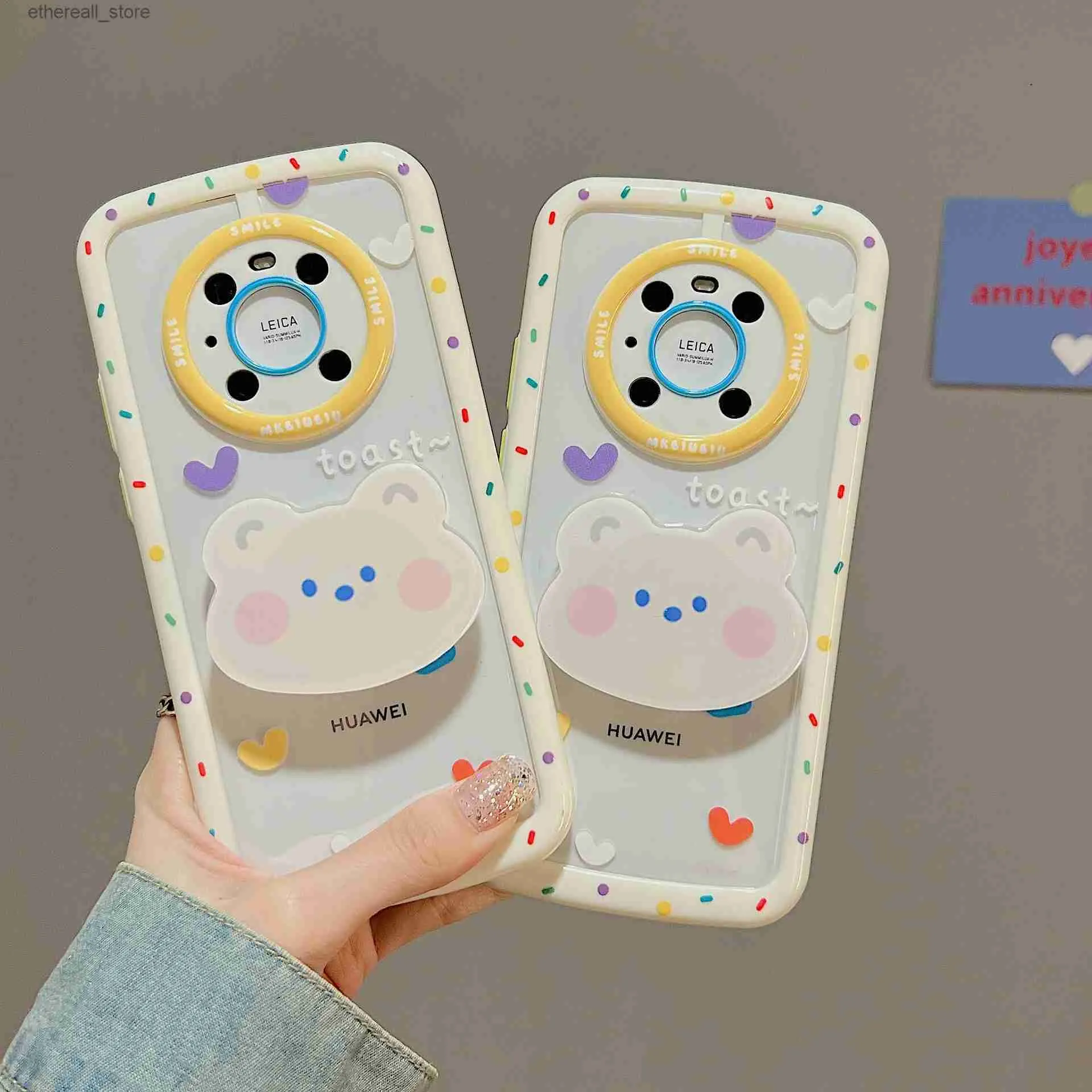 Obudowy telefonu komórkowego Cartoon Small Clear Love Bear Stand Stack Telefone Case for P40 50pro Mate30 40 50pro Creative Soft Shell Cover Q231021