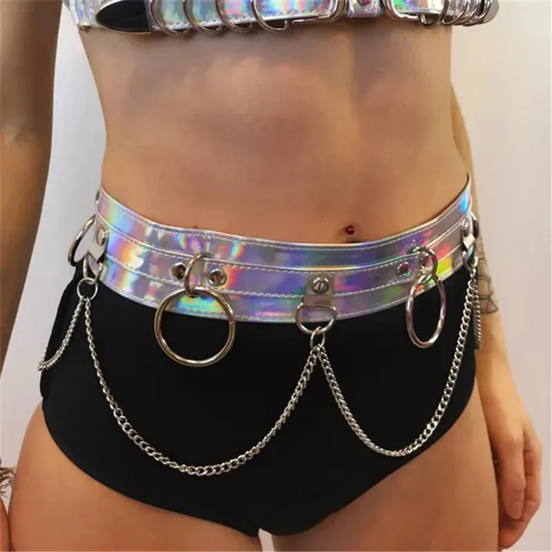 Andra modetillbehör Kvinnor Punk Shiny Laser Dazzle Color Leather Midjebältet Fashion O Ring Holographic Sexy Chain Buckles 231020