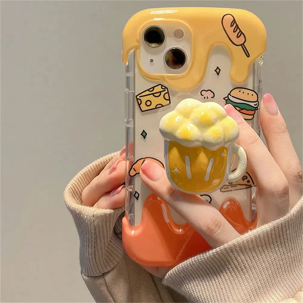 Obudowy telefonu komórkowego Koreańskie 3D Cute Cartoon Hamburger Piwo Ring Holder Stand Clear Miękka obudowa na iPhone 11 14 Pro Max 14Plus 12 13 Cover 231021