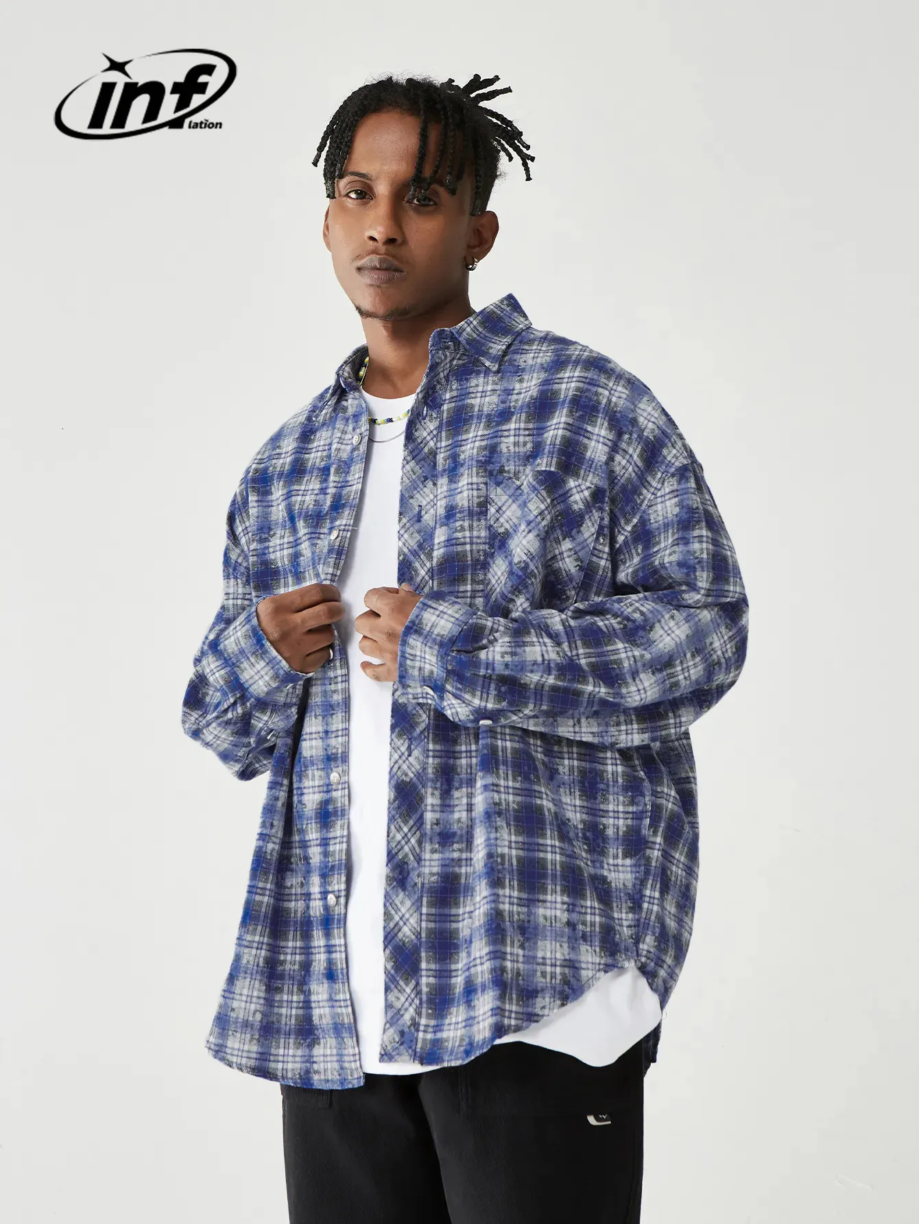 Chemises décontractées pour hommes INFLATION Chemises à carreaux brossées Hommes Bleu Plaid Manches longues Chemises surdimensionnées Mâle Plus Taille 231020