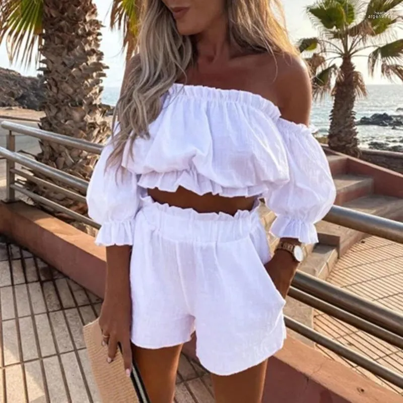 Survêtements pour femmes Femmes Femmes Crop Top Shorts Set Shirring Court Bubble Sleeve Off Épaule Dos Nu Bandeau Taille Haute Poches Lady