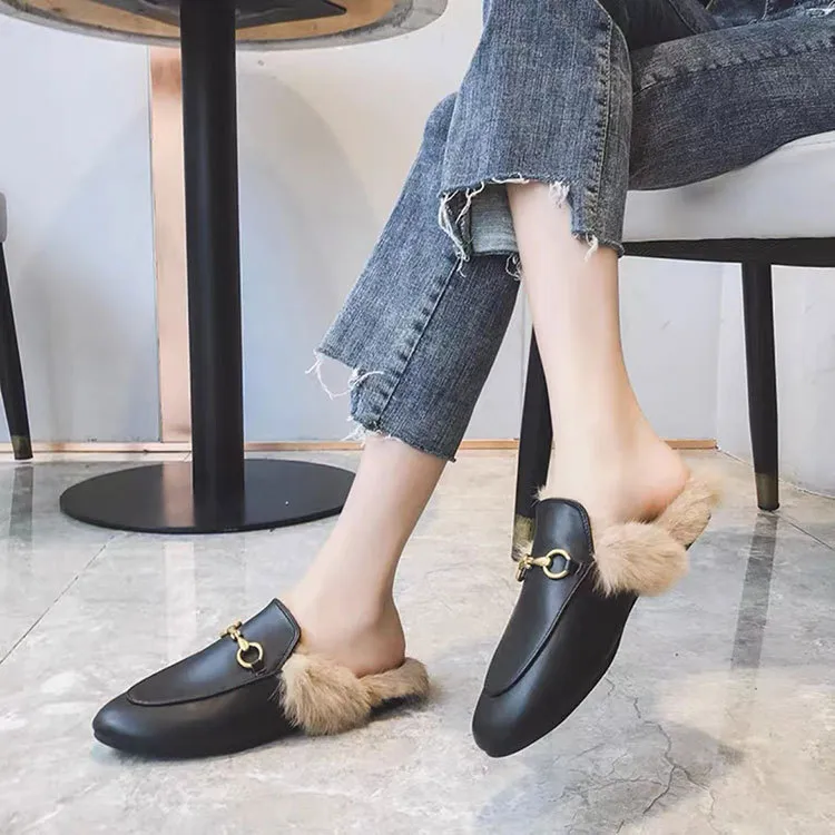 Baotou Diseñador Sandalia Zapatillas de piel de lana Sandalias para mujer Moda para mujer Zapatillas mullidas y peludas Invierno Oficina interior Sandalias casuales Fondo plano