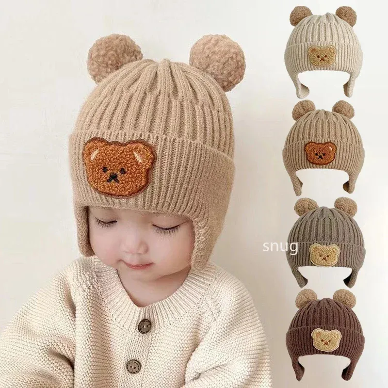 Casquettes Chapeaux Hiver Bébé Bonnet Cap Dessin Animé Ours Protection des Oreilles Chapeau Tricoté pour Tout-petit Garçons Filles Mignon Coréen Chaud Enfants Crochet Gorros 231020