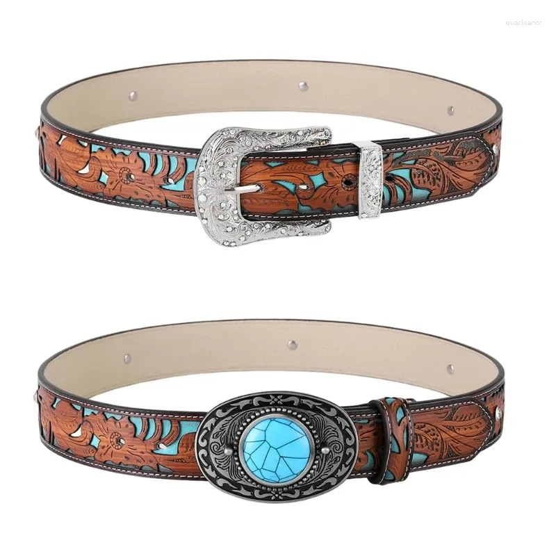 Ceintures Cowboy pour hommes Western avec grande boucle ceinture Turquoise cuir Vintage Jeans R7RF