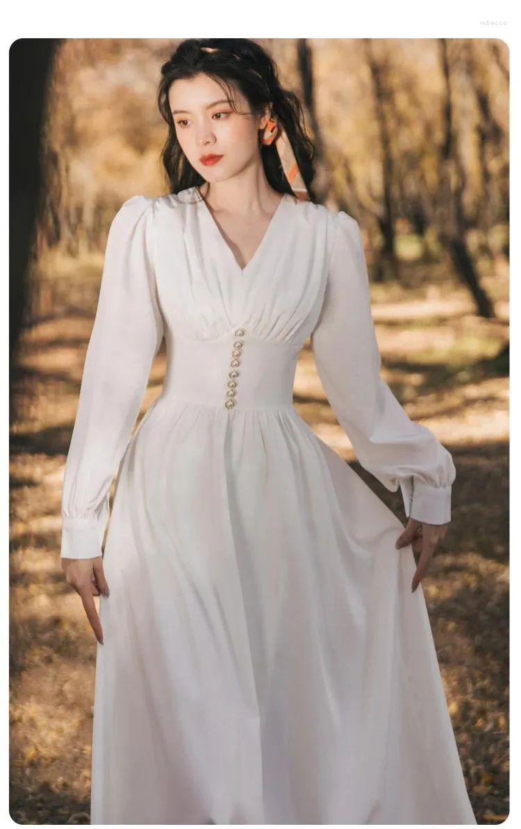 Robes décontractées Vintage Femmes À Manches Longues Robe De Banquet Col En V Blanc Midi Fille De Luxe Formelle Fête De Bal Robe De Dame Française Robe