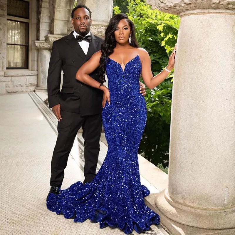 Bling Blue Evening Celebrity Dress 2024 V-neck Sleeveless Sequined Long Prom Party Gowns For Black Girl Robe De Soiree