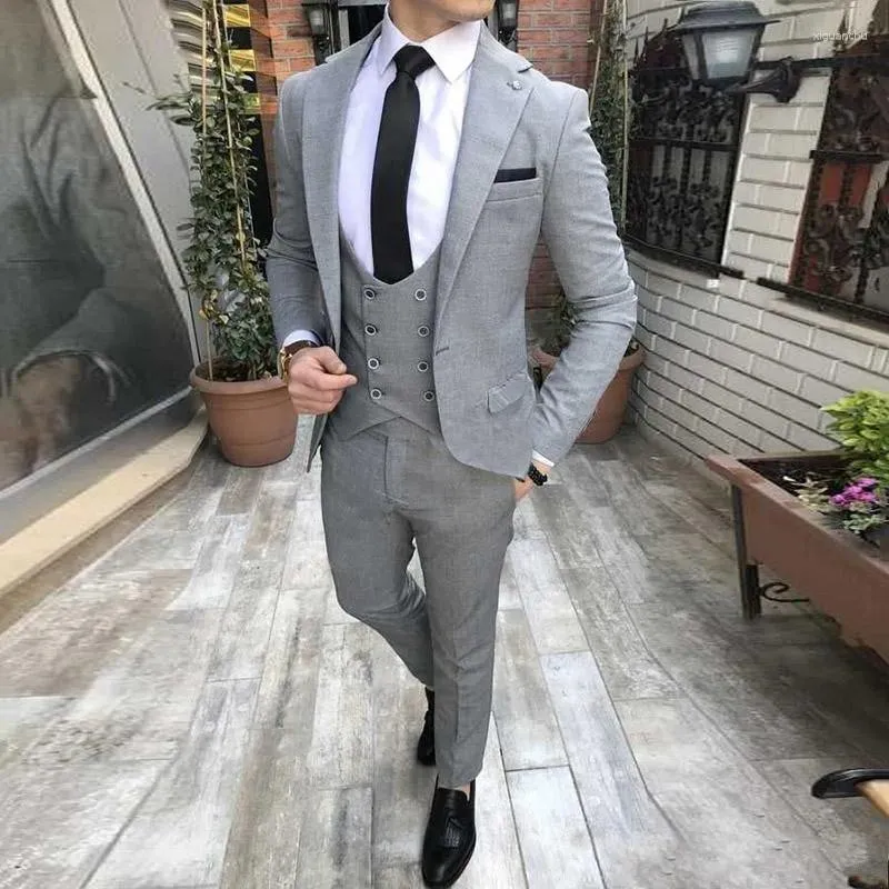 Ternos masculinos estilo padrinhos cinza claro noivo smoking notch lapela homem casamento blazer (jaqueta calças gravata colete) c416